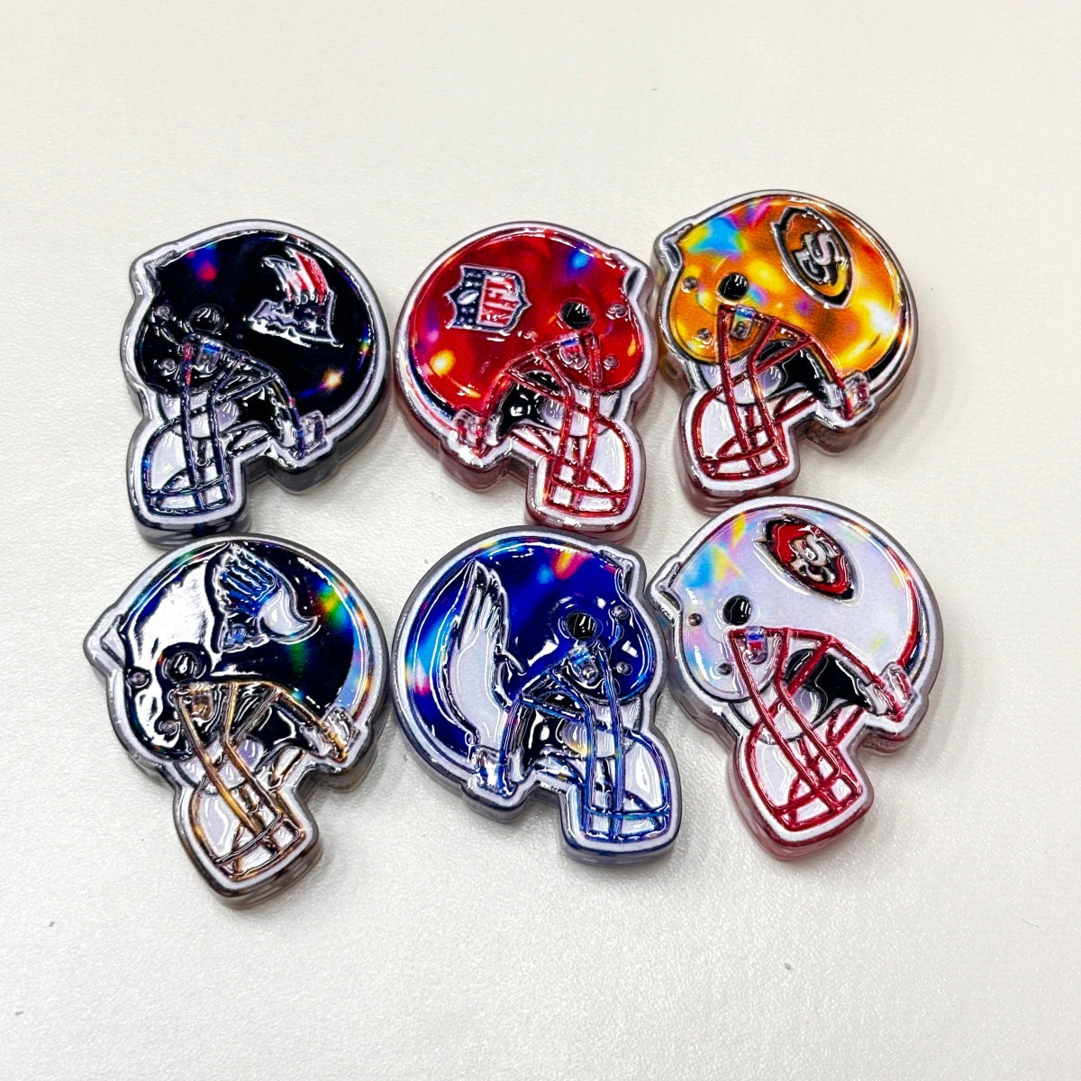 Holographic American Football Helmet Acrylic Focal Beads, Game Day Shield & Mascot Team Charms for DIY Beadable Pens, Keychains & Wristlets