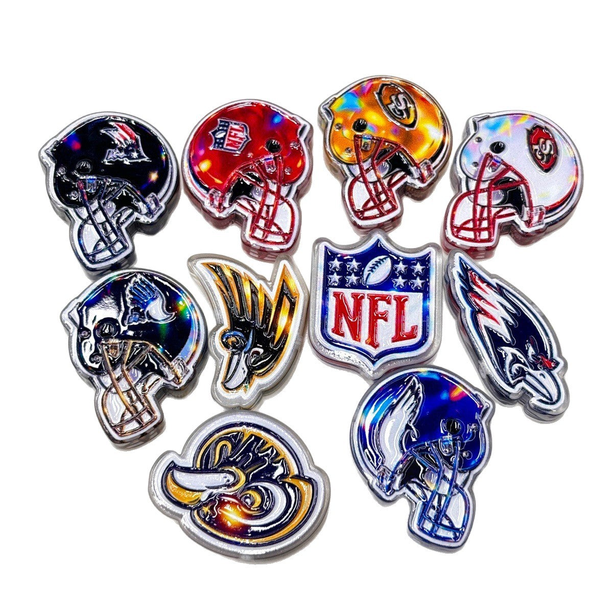 Holographic American Football Helmet Acrylic Focal Beads, Game Day Shield & Mascot Team Charms for DIY Beadable Pens, Keychains & Wristlets