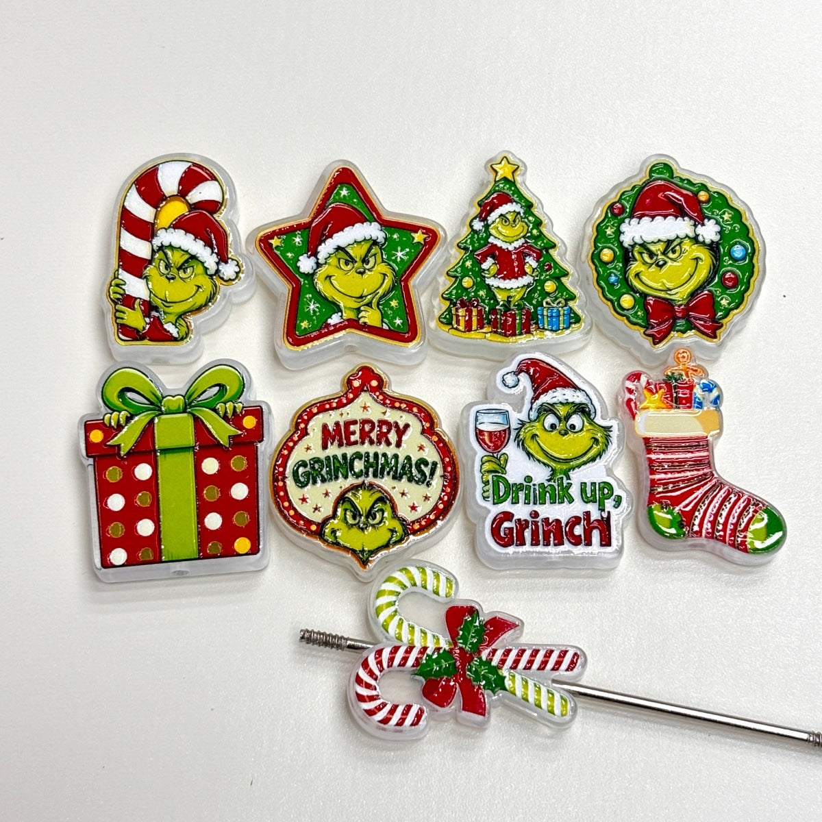 Christmas Grumpy Green Guy Acrylic Focal Beads, Festive Holiday Gift Box & Candy Cane Charms for DIY Beadable Pens, Keychains & Wristlets