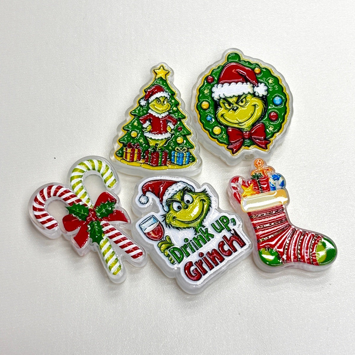 Christmas Grumpy Green Guy Acrylic Focal Beads, Festive Holiday Gift Box & Candy Cane Charms for DIY Beadable Pens, Keychains & Wristlets