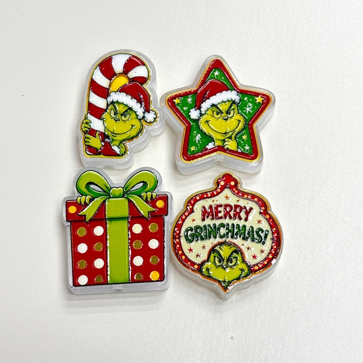 Christmas Grumpy Green Guy Acrylic Focal Beads, Festive Holiday Gift Box & Candy Cane Charms for DIY Beadable Pens, Keychains & Wristlets