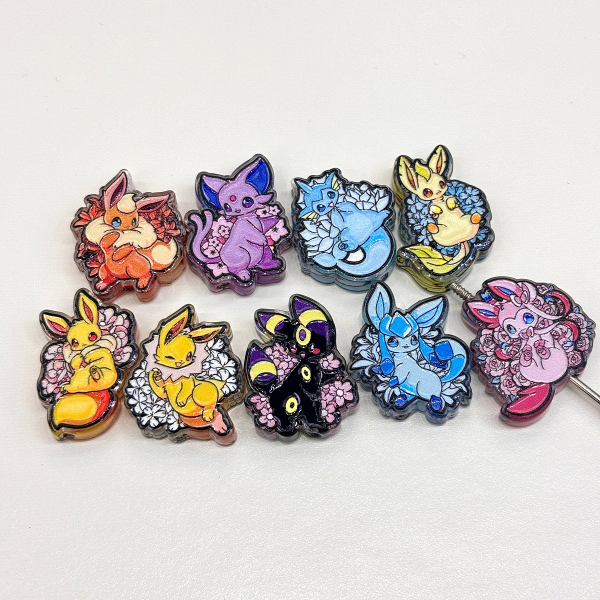 Cute Floral Elemental Fox Creatures Acrylic Focal Beads, Kawaii Anime Garden Blossom Charms for DIY Beadable Pens, Keychains & Wristlets