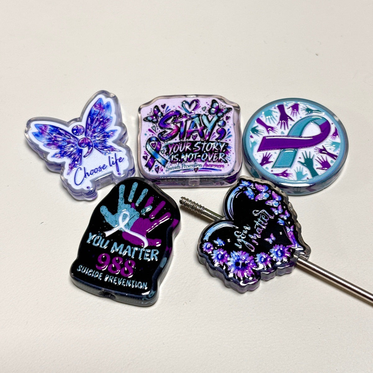 Mental Health & Suicide Prevention Awareness Acrylic Focal Beads, Teal Purple Ribbon Semicolon Butterfly Charms for DIY Beadable Pens & Keychains