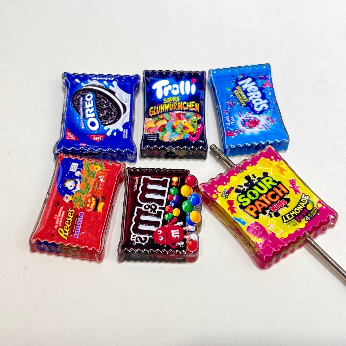 Cute Miniature Candy Snack Bag Acrylic Focal Beads, Sweet Chocolate Cookie & Sour Gummy Pack Charms for DIY Beadable Pens, Keychains & Wristlets