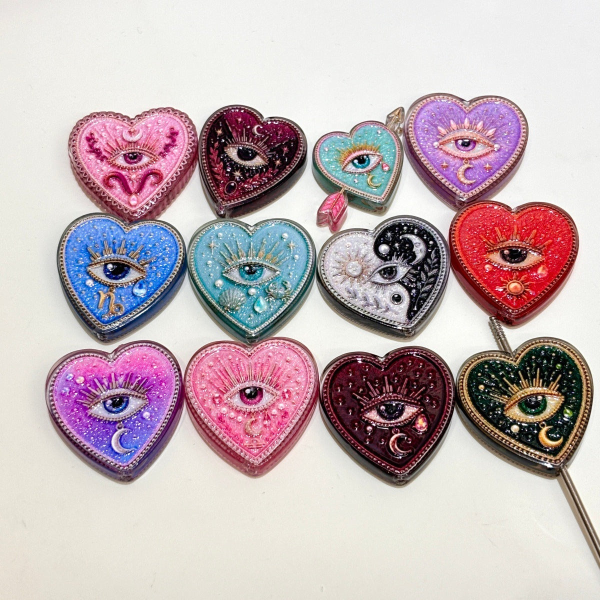Celestial Mystic Heart Acrylic Focal Beads, Evil Eye Sun Moon Star Zodiac Charms for DIY Beadable Pens, Keychains & Witchy Crafts