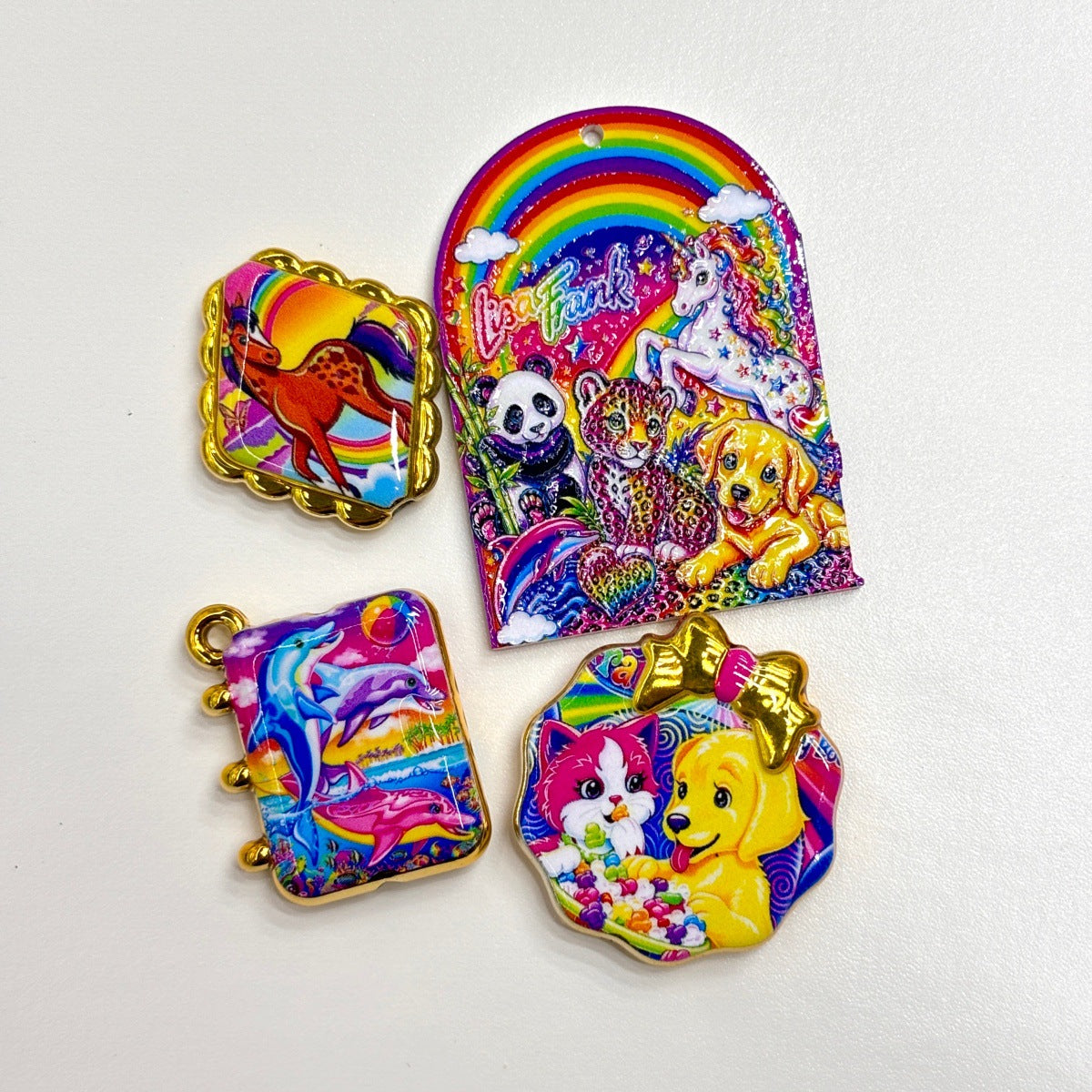 Retro 90s Rainbow Nostalgia Animal Acrylic Focal Beads, Gold Rim Neon Unicorn Cheetah Puppy Charms for DIY Beadable Pens, Keychains & Crafts