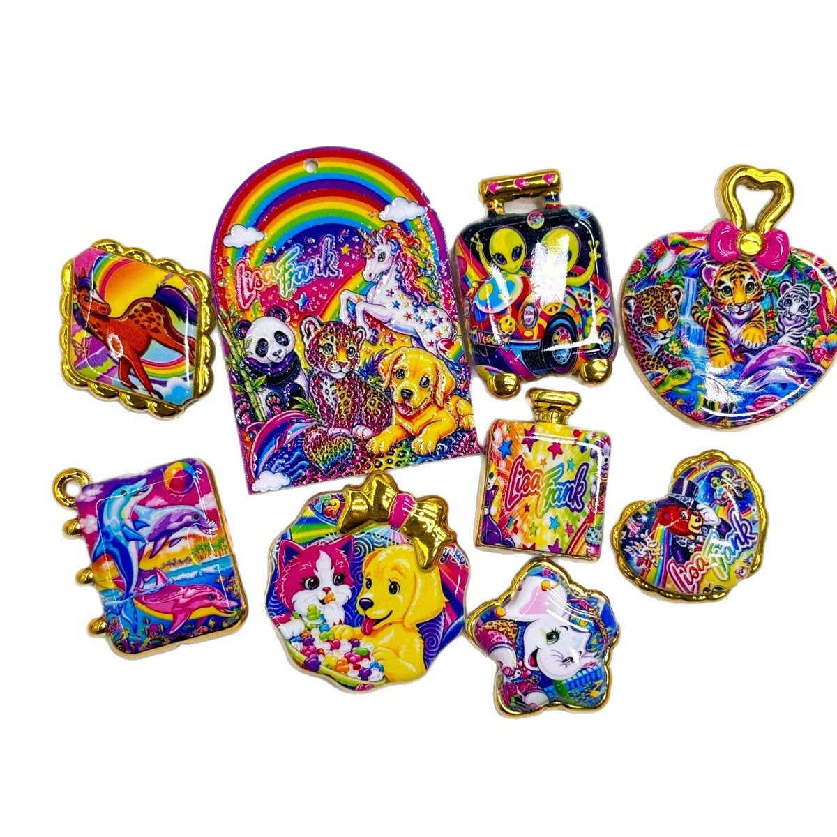 Retro 90s Rainbow Nostalgia Animal Acrylic Focal Beads, Gold Rim Neon Unicorn Cheetah Puppy Charms for DIY Beadable Pens, Keychains & Crafts