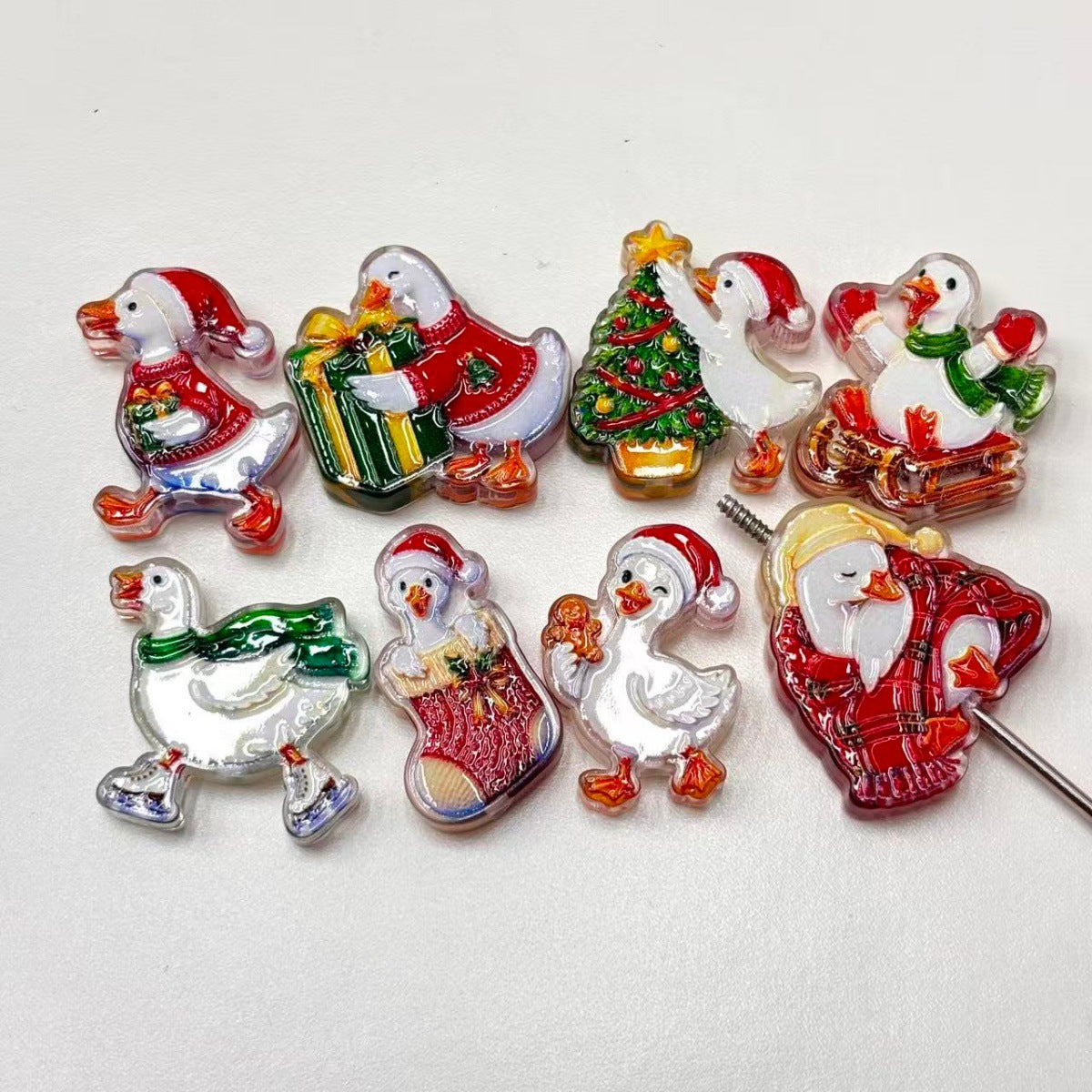 Cute Christmas Silly Goose Acrylic Focal Beads, Festive Holiday Duck Tree & Sled Charms for DIY Beadable Pens, Keychains & Wristlets