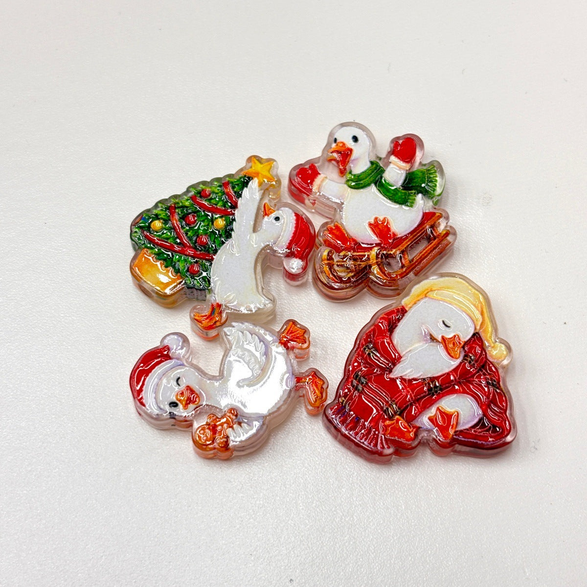 Cute Christmas Silly Goose Acrylic Focal Beads, Festive Holiday Duck Tree & Sled Charms for DIY Beadable Pens, Keychains & Wristlets