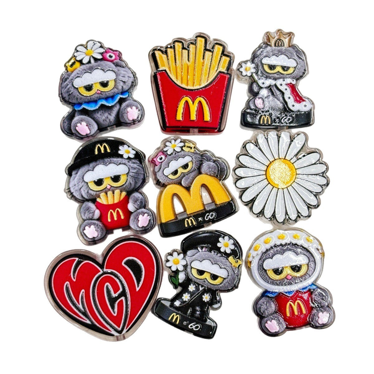 Streetwear Daisy & Fast Food Plush Acrylic Focal Beads, Yellow Arch Fries & Cartoon Monster Beads for Beadable Pens & Keychains