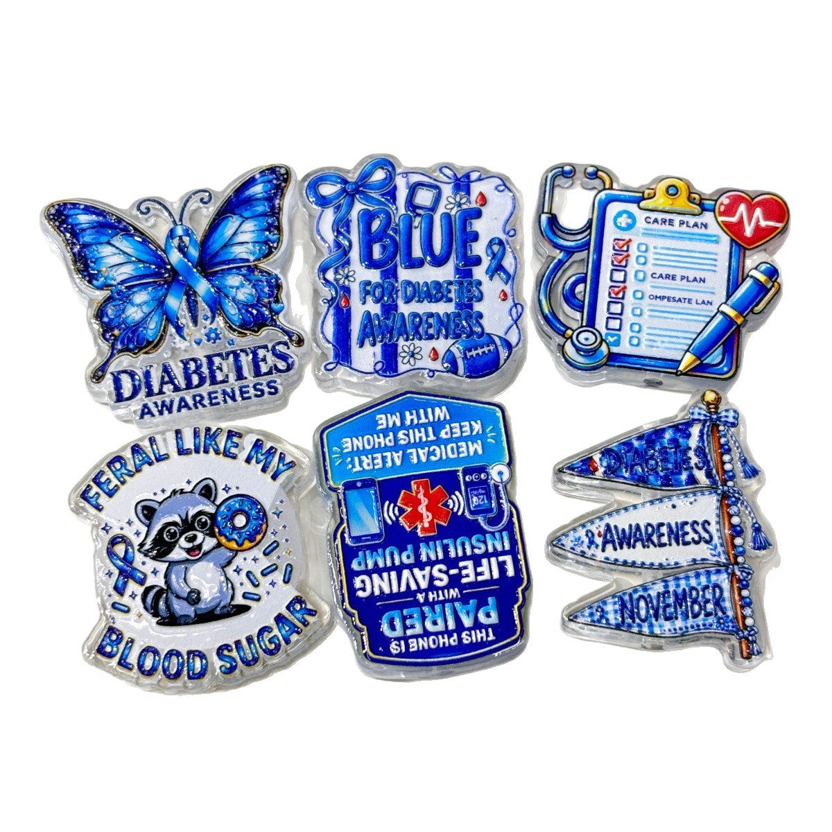 Diabetes Awareness Acrylic Focal Beads, Blue Ribbon & Medical Alert Care Plan Resin Beads for Beadable Pens & Keychains
