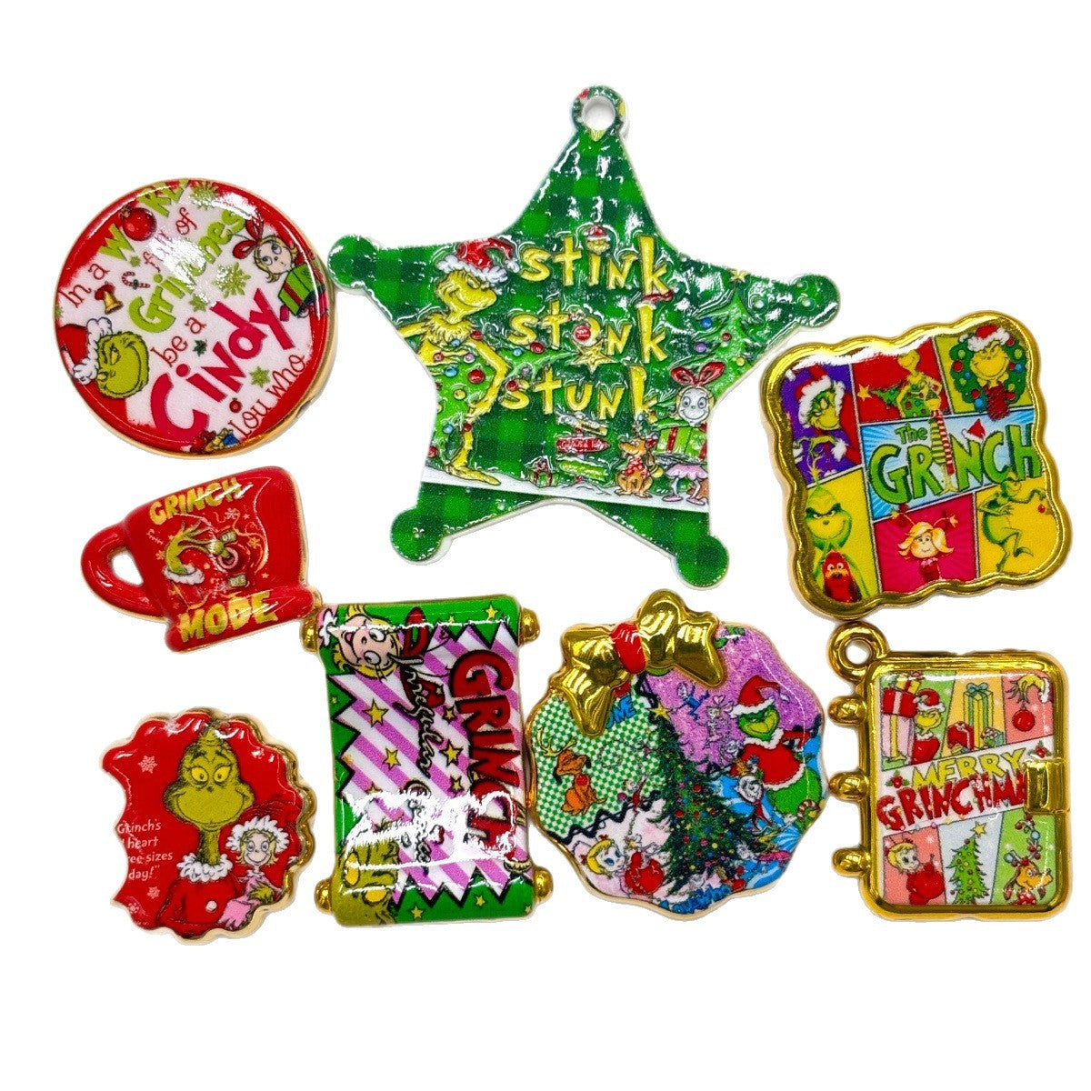 Green Holiday Monster Acrylic Focal Beads & Charms, Gold Trim Christmas Cartoon Beads for Beadable Pens, Keychains & DIY Gifts