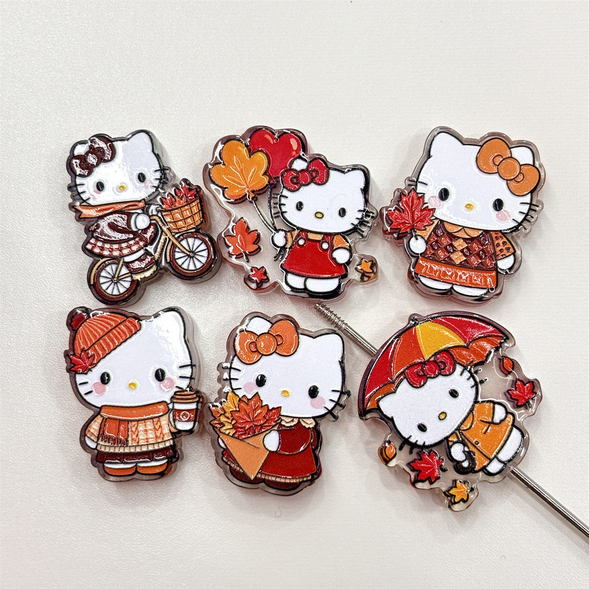 Autumn Fall Kitty Acrylic Focal Beads, Cozy Maple Leaf & Coffee White Cat Beads for DIY Beadable Pens, Keychains & Crafts