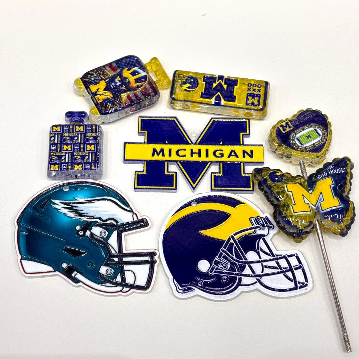 Game Day Football Acrylic Focal Beads & Charms, Blue & Maize "M" Letter & Helmet Pendants for Beadable Pens & Keychains