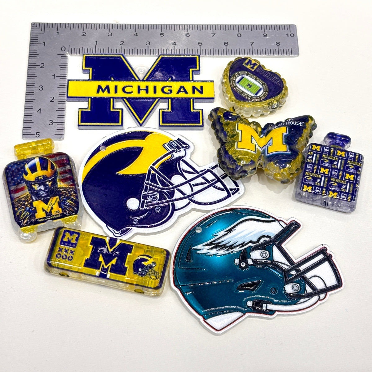 Game Day Football Acrylic Focal Beads & Charms, Blue & Maize "M" Letter & Helmet Pendants for Beadable Pens & Keychains