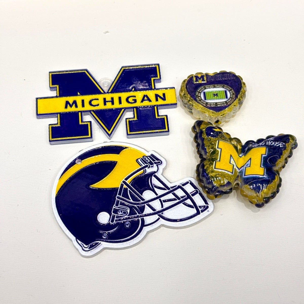 Game Day Football Acrylic Focal Beads & Charms, Blue & Maize "M" Letter & Helmet Pendants for Beadable Pens & Keychains