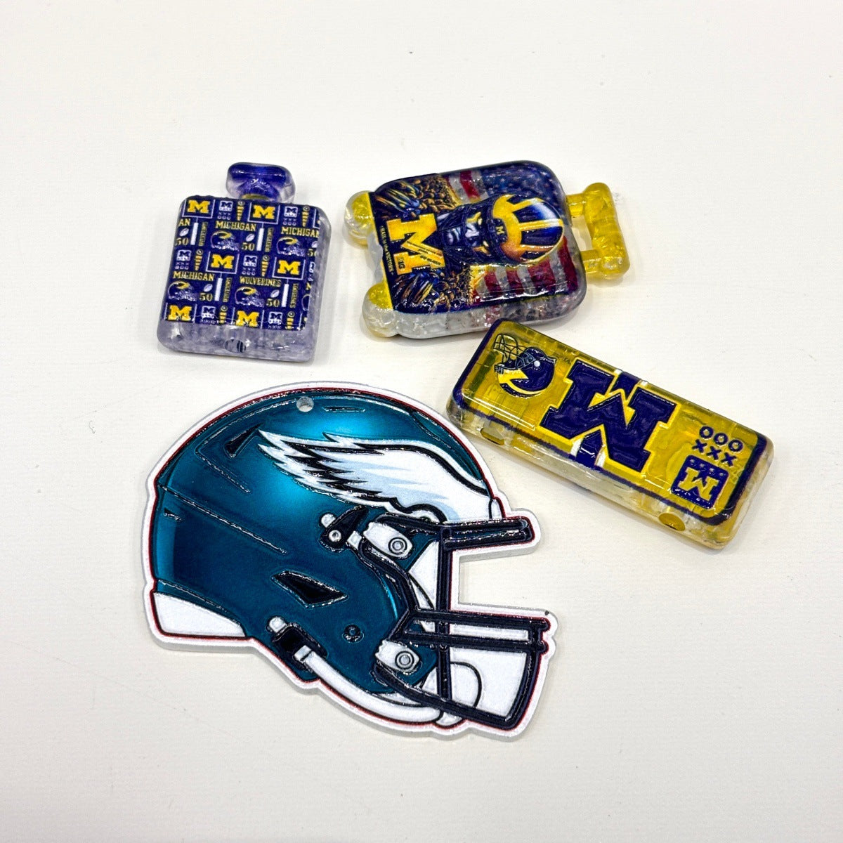 Game Day Football Acrylic Focal Beads & Charms, Blue & Maize "M" Letter & Helmet Pendants for Beadable Pens & Keychains