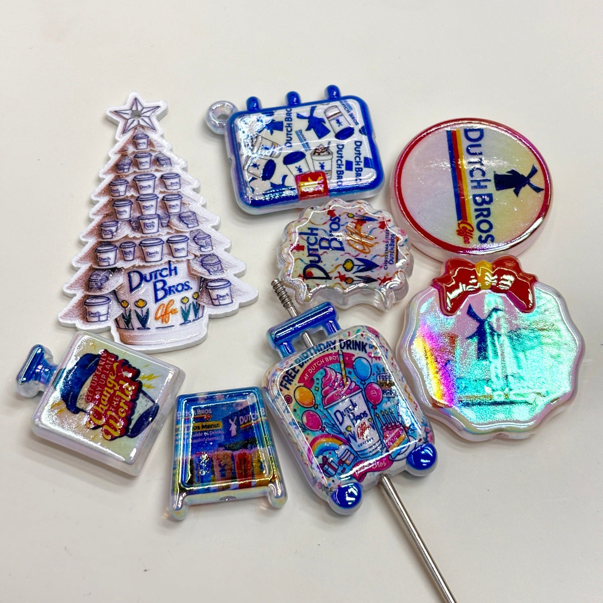 Blue Windmill Coffee Acrylic Focal Beads, Free Birthday Drink Luggage & Holiday Tree Charms for Beadable Pens & Keychains