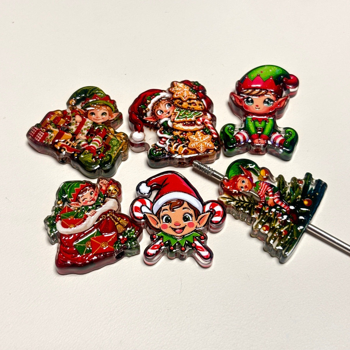 Retro Christmas Holiday Elf Acrylic Focal Beads, Santa's Workshop Pixie Beads for DIY Beadable Pens & Keychains