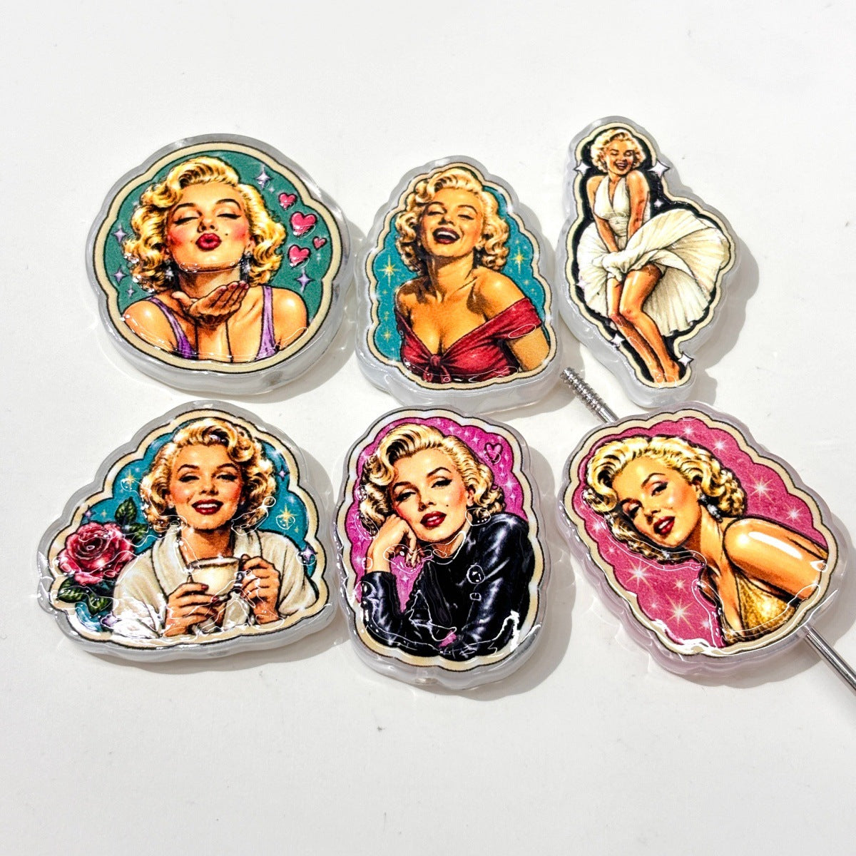 Hollywood Blonde Icon Acrylic Focal Beads, Vintage Glamour Movie Star & White Dress Beads for DIY Beadable Pens & Keychains