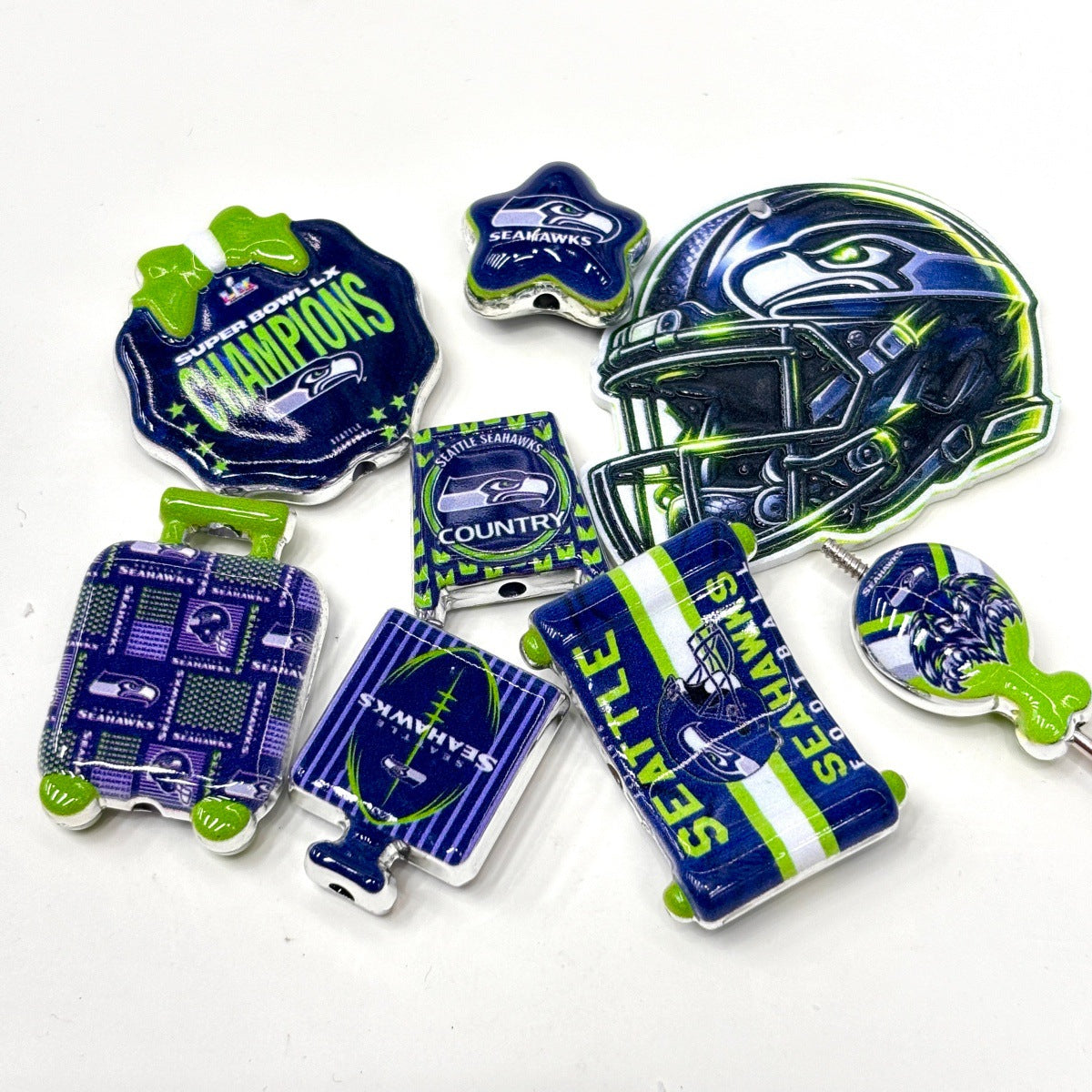 Seattle Game Day Football Acrylic Focal Beads, Navy & Action Green Helmet Beads for DIY Beadable Pens & Keychains