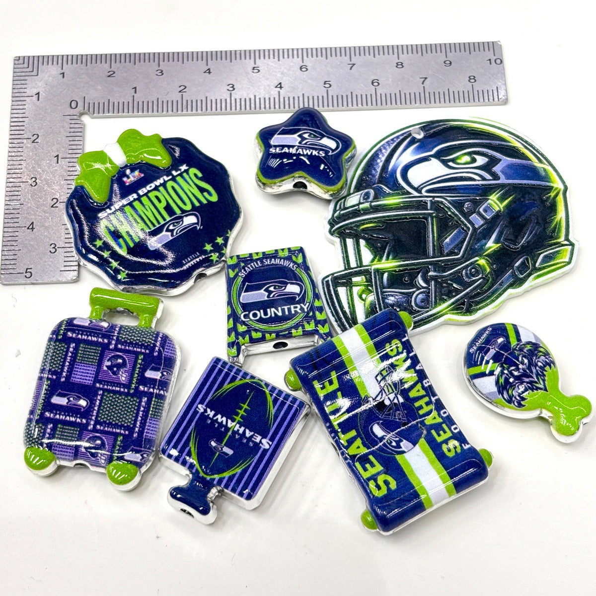 Seattle Game Day Football Acrylic Focal Beads, Navy & Action Green Helmet Beads for DIY Beadable Pens & Keychains