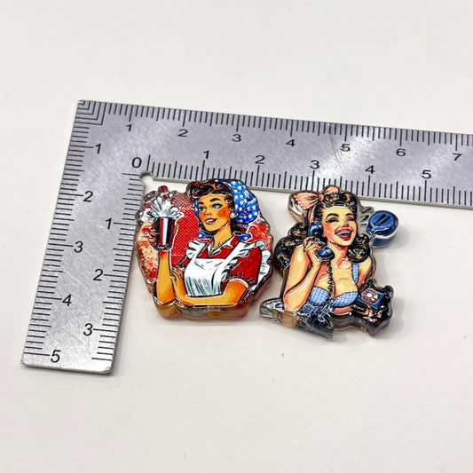 Vintage Pin-Up Girl Acrylic Focal Beads, 1950s Rockabilly & Retro Diner Charms for DIY Beadable Pens & Keychains
