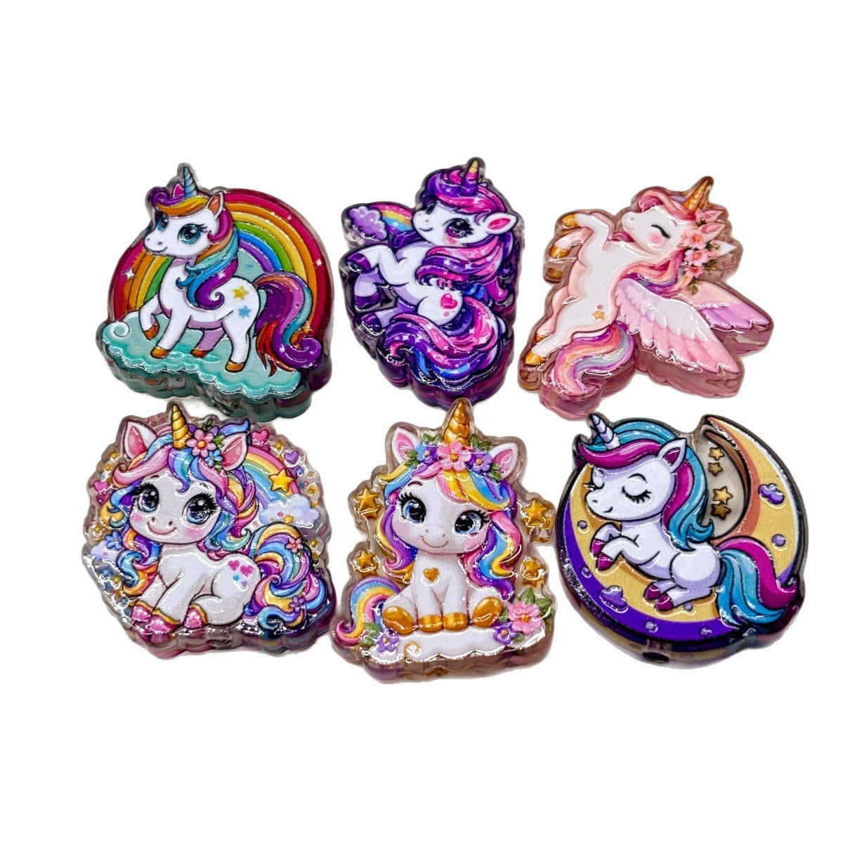 Pastel Rainbow Unicorn Acrylic Focal Beads, Flying Pegasus & Crescent Moon Beads for DIY Beadable Pens & Keychains