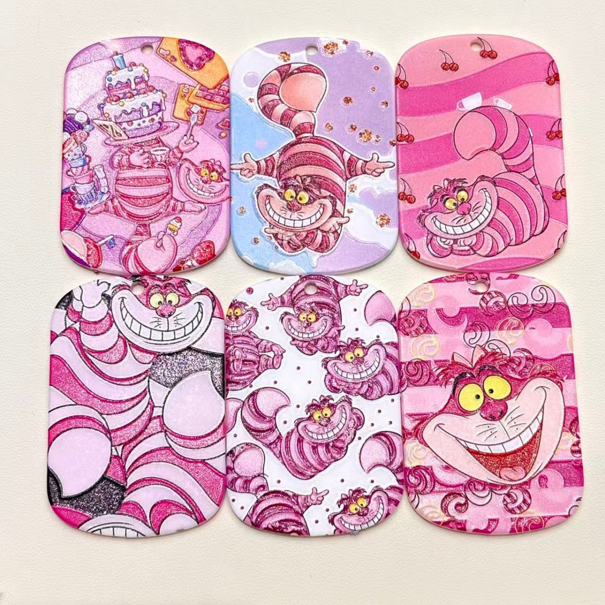 Wonderland Grinning Cat Acrylic Dog Tag Charms, Pink Striped Fairy Tale Pendants with Top Hole for DIY Keychains & Wristlets