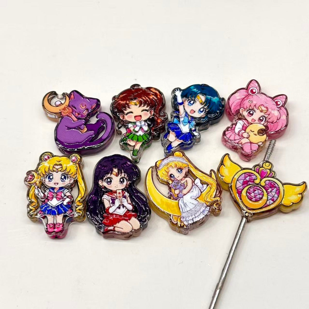 Magical Girl Anime Acrylic Focal Beads, Celestial Moon Guardian & Golden Winged Wand Beads for DIY Beadable Pens & Keychains