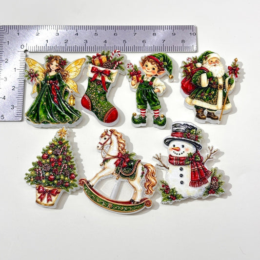 Vintage Victorian Christmas Acrylic Focal Beads, Emerald Green Santa & Rocking Horse Beads for DIY Beadable Pens & Keychains