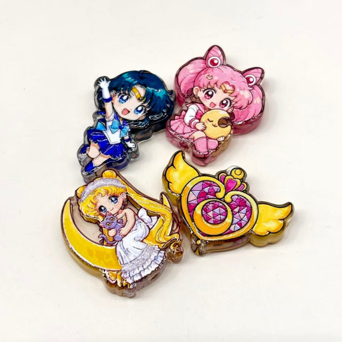 Magical Girl Anime Acrylic Focal Beads, Celestial Moon Guardian & Golden Winged Wand Beads for DIY Beadable Pens & Keychains