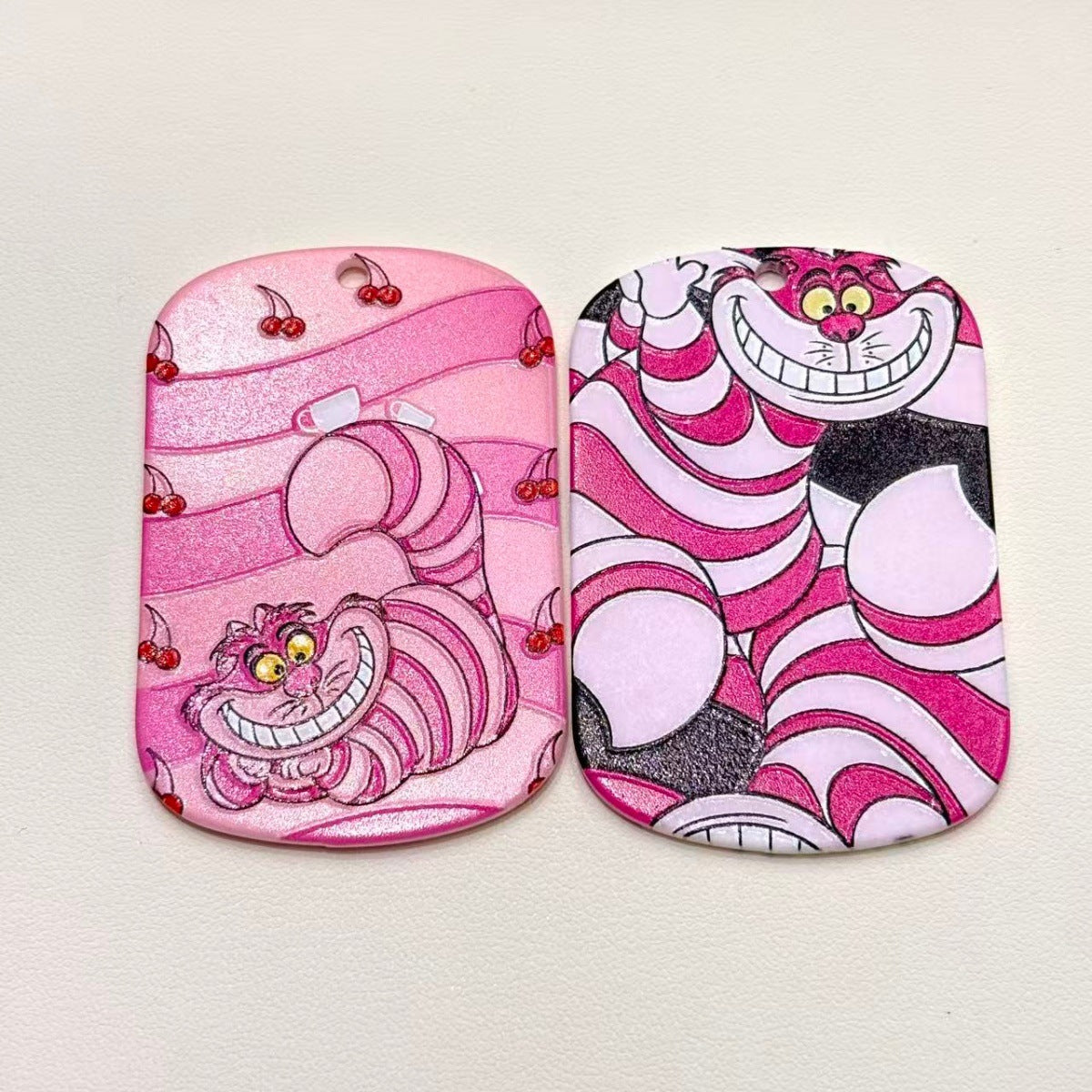 Wonderland Grinning Cat Acrylic Dog Tag Charms, Pink Striped Fairy Tale Pendants with Top Hole for DIY Keychains & Wristlets