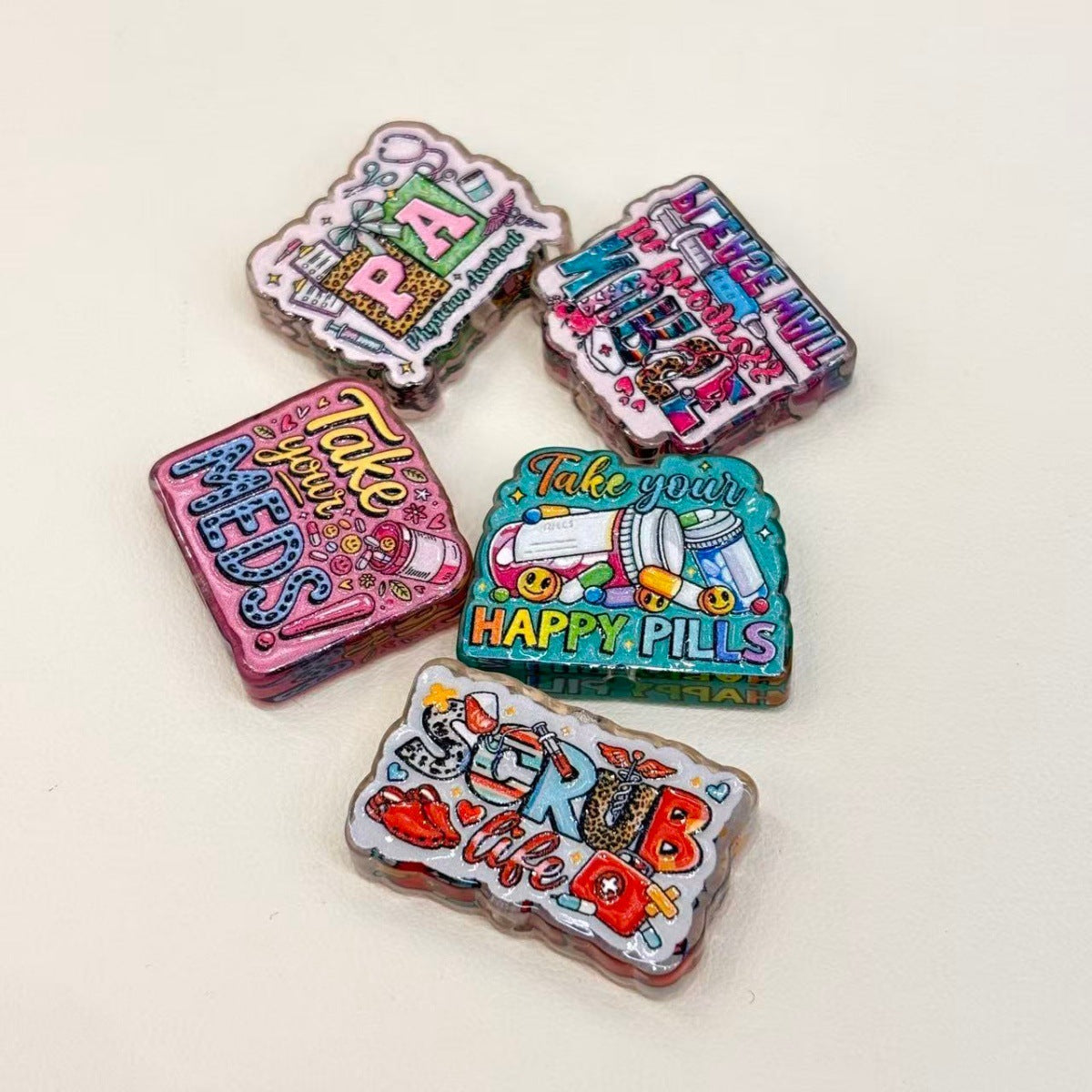 Nurse Life Acrylic Focal Beads, Medical Scrub Life & Happy Pills Beads for DIY Beadable Pens, Keychains & Badge Reels