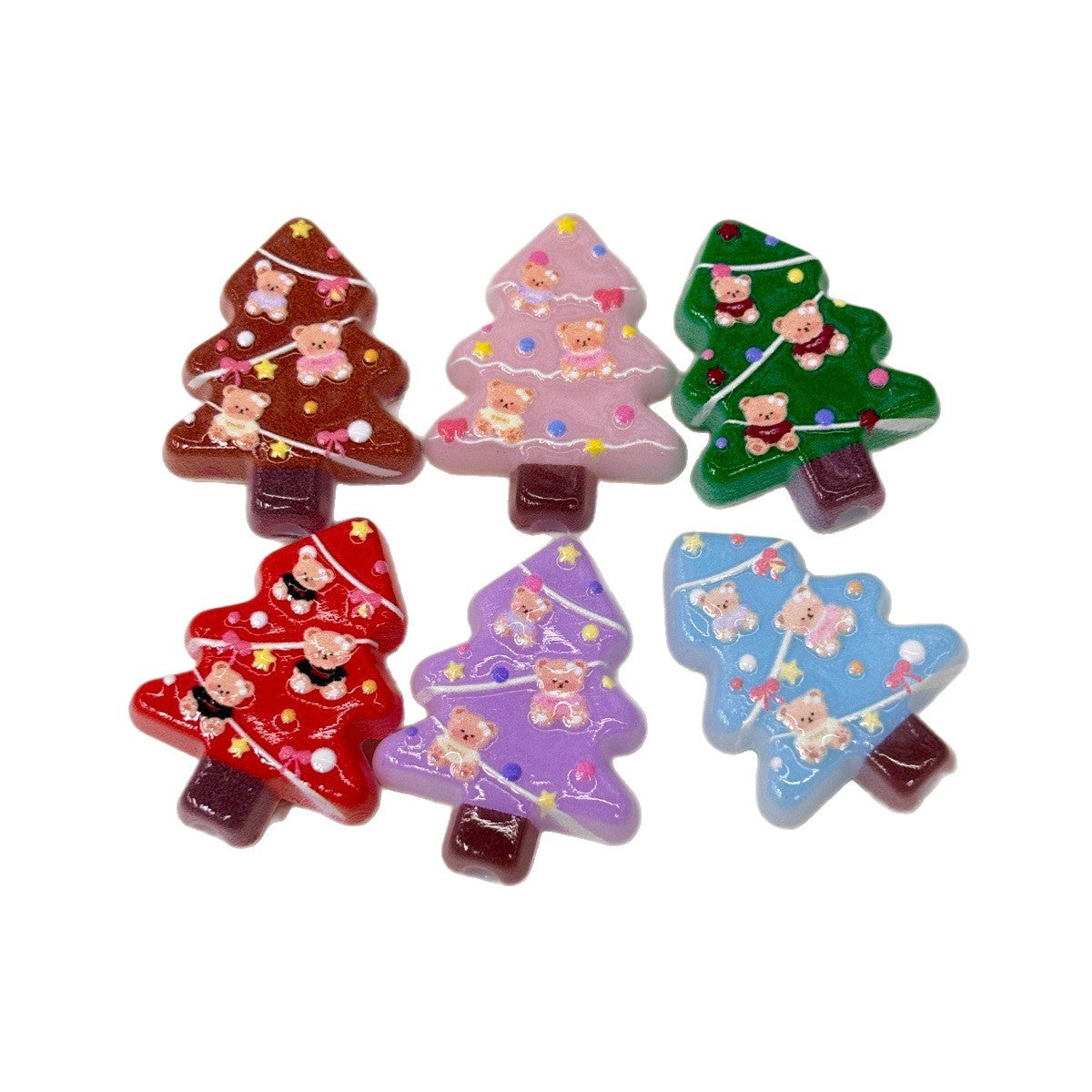 Pastel Teddy Bear Christmas Tree Acrylic Focal Beads, Winter Pine & Fairy Light Tree Beads for DIY Beadable Pens & Keychains