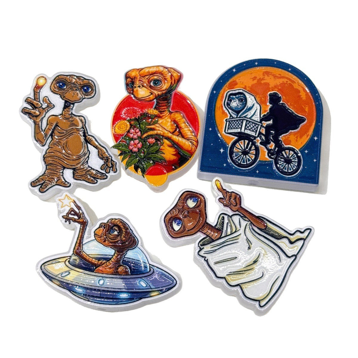 Retro 80s Sci-Fi Alien Acrylic Focal Beads, Gentle Alien Friend & Flying Bicycle Moon Beads for DIY Beadable Pens & Keychains