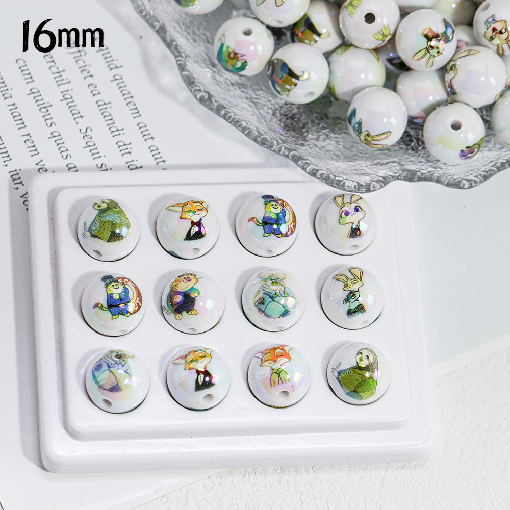 16MM New Acrylic Round Bead Nick Judy White Printed Straight Hole Bead