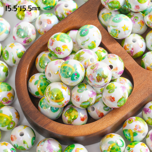 Acrylic Straight Hole Beads with Green Turtle and Fish Prints