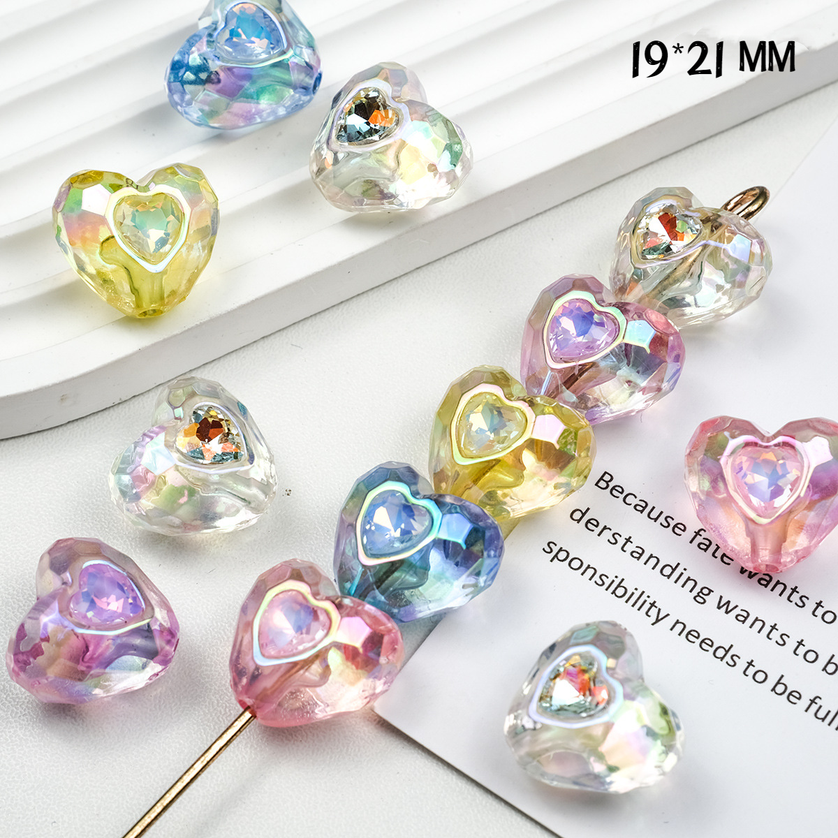 Colorful Heart-shaped Acrylic Straight Hole Beads Inlaid with Diamonds