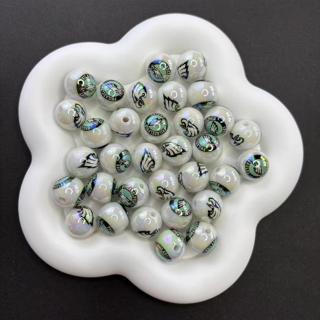 16MM Electroplated Solid Color Printed American Football Team Round Beads