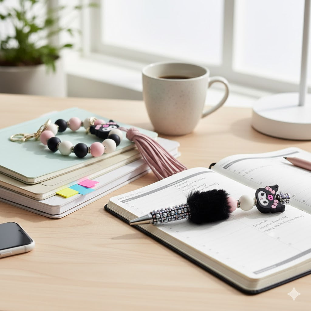 The "Goth-Cute" Collection: Kuromi Beaded Pen & Keyring Bundle