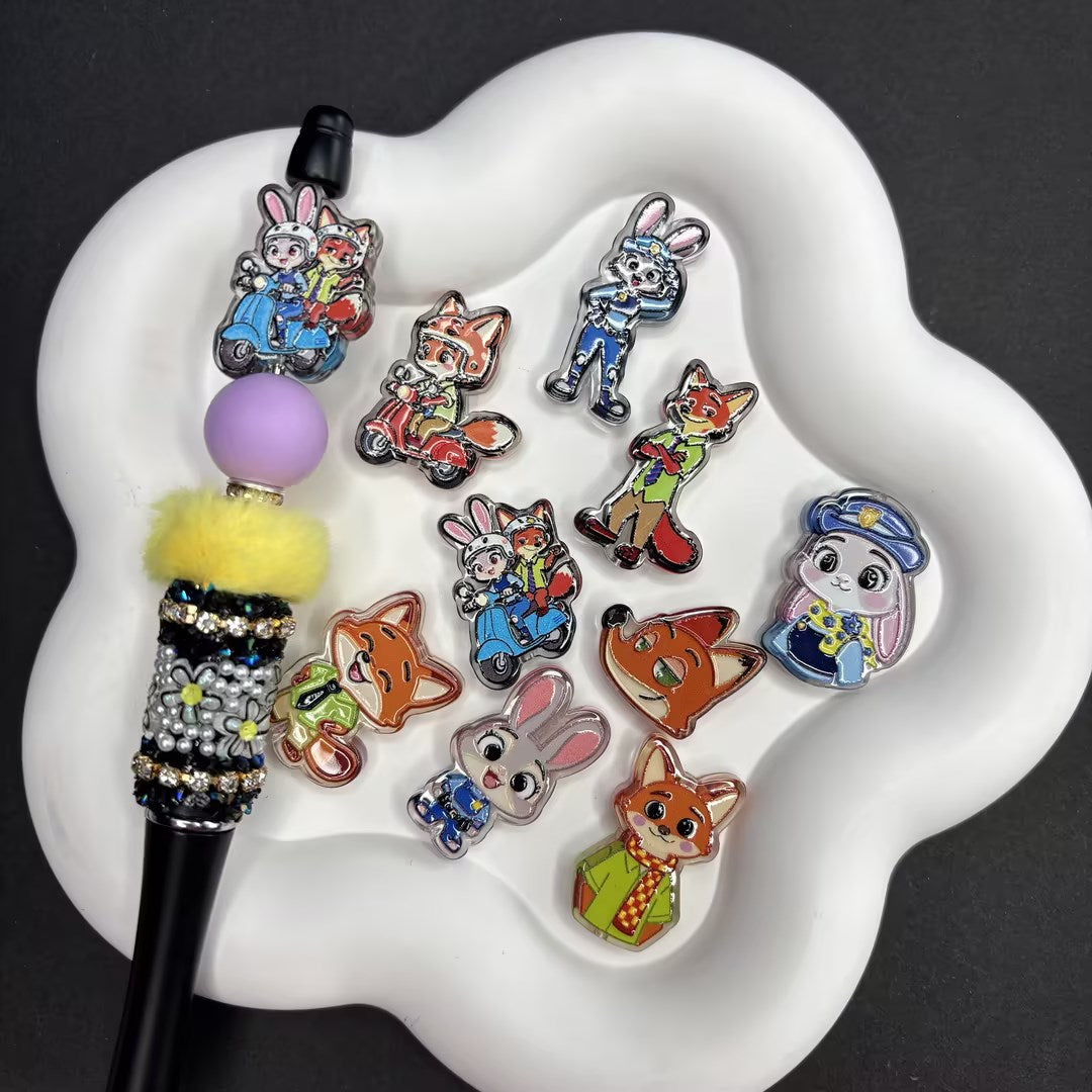 Printed Embossed Judy Rabbit, Nick Fox, Zootopia Acrylic Straight | Acrylic Bead for DIY Bracelet Keychain Jewelry Making