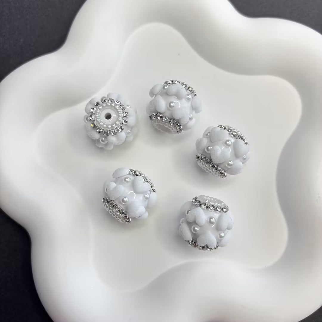 Luxurious Flocked Heart Large Hole Beads - Pearl & Rhinestone | Acrylic Bead for DIY Bracelet Keychain Jewelry Making