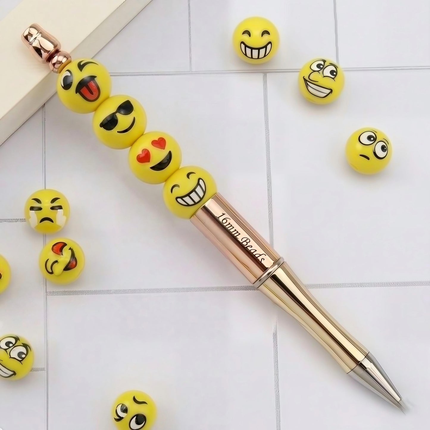 16mm Yellow Emoji Acrylic Round Beads for Beadable Pens, DIY | Acrylic Bead for DIY Bracelet Keychain Jewelry Making