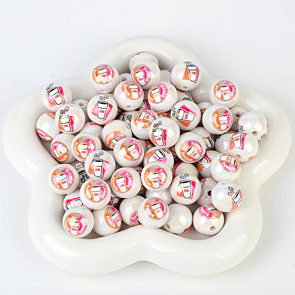 16mm Dunkin' Coffee Inspired Pearl Beads - Iridescent White Round | Acrylic Bead for DIY Bracelet Keychain Jewelry Making
