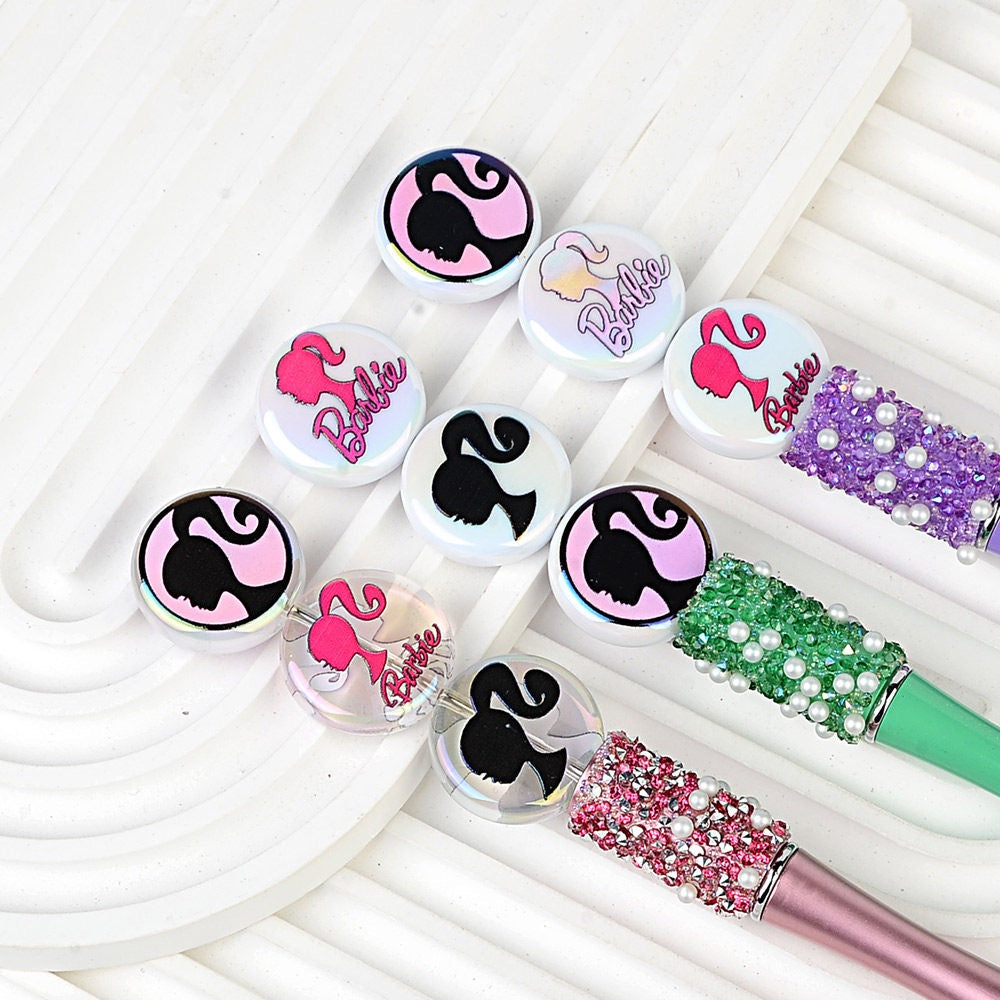 24mm Flat Round Barbie Silhouette Beads for Beadable Pens, | Acrylic Bead for DIY Bracelet Keychain Jewelry Making