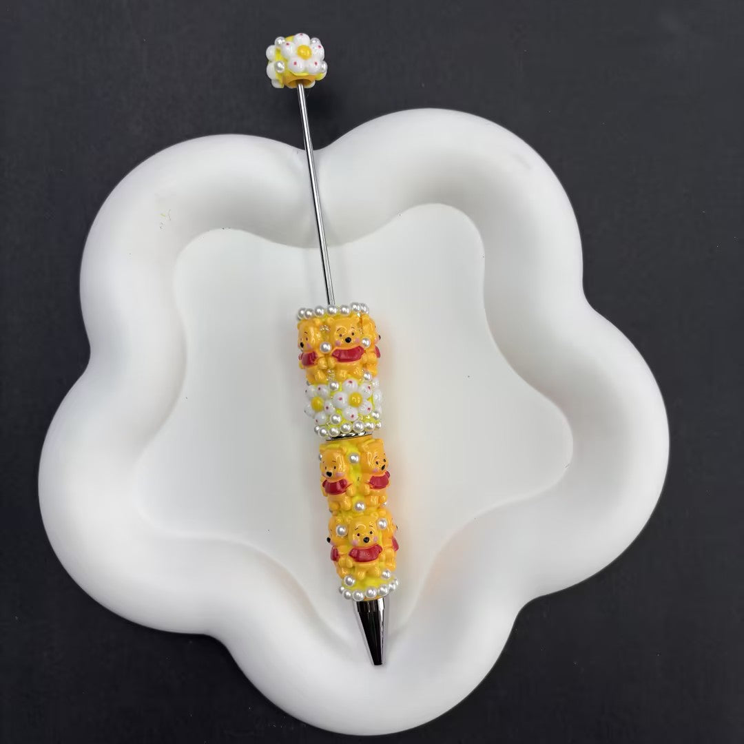 Handmade Winnie the Pooh Inspired Beadable Pen - 3D Cartoon Bear & Floral Focal Beads, | DIY Beadable Pen Craft Gift Idea
