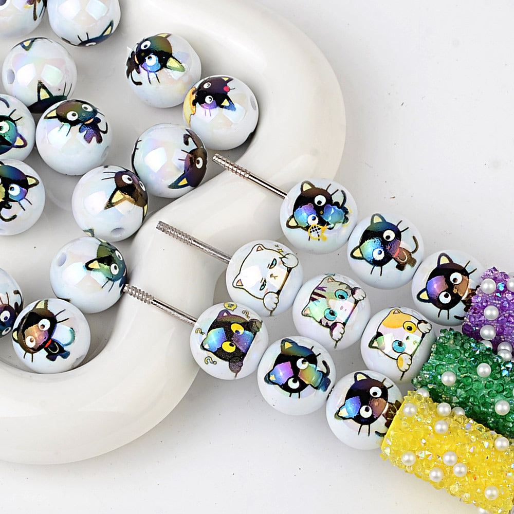 16mm Cute Cat Acrylic Beads, Iridescent AB Aurora Kitten Beads for | Acrylic Bead for DIY Bracelet Keychain Jewelry Making