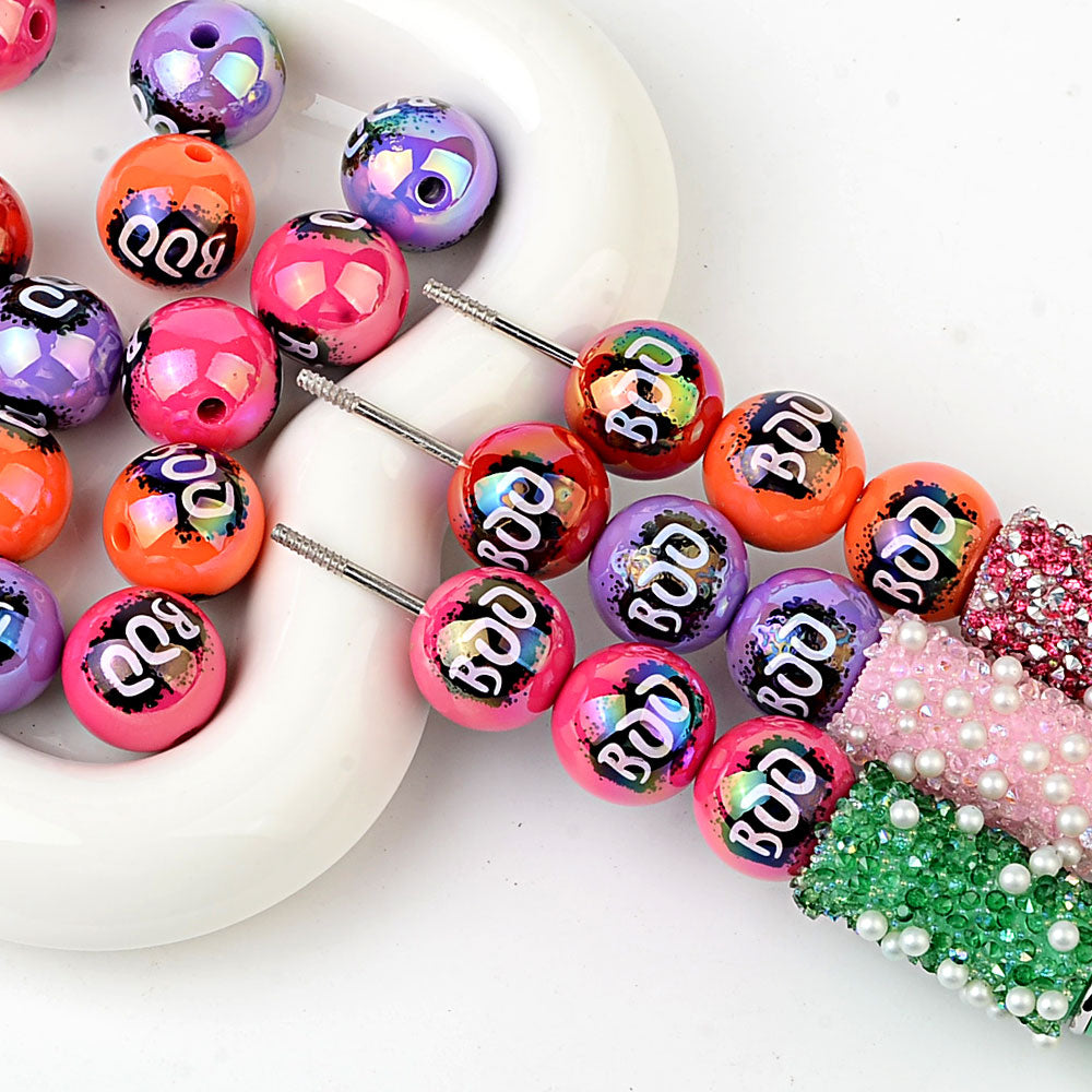 16mm Halloween BOO Bubblegum Beads, AB Luster Splatter Spooky | Acrylic Bead for DIY Bracelet Keychain Jewelry Making