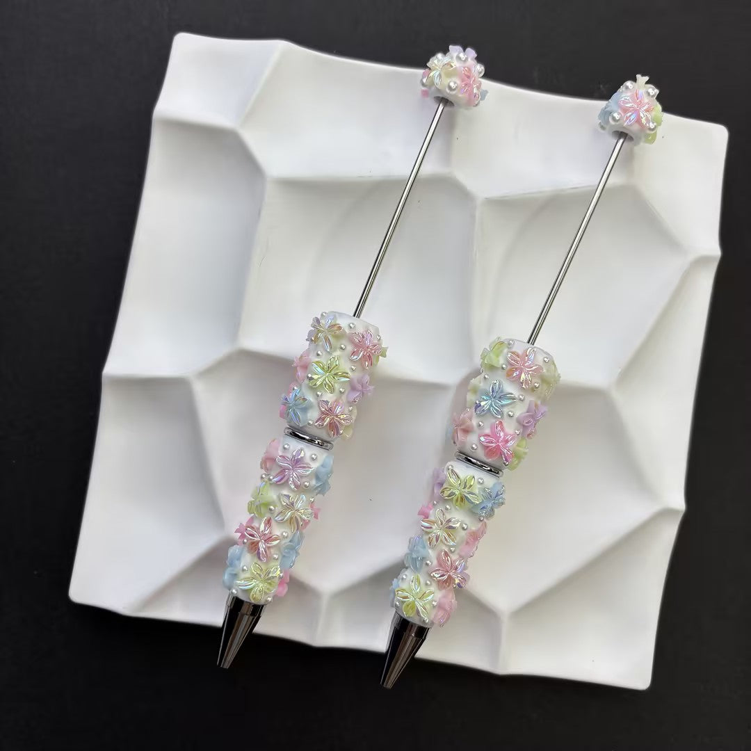 3D AB Iridescent Flower Cylinder Beads, Embossed Pastel Floral Faux Pearl Resin Spacer | DIY Beadable Pen Craft Gift Idea